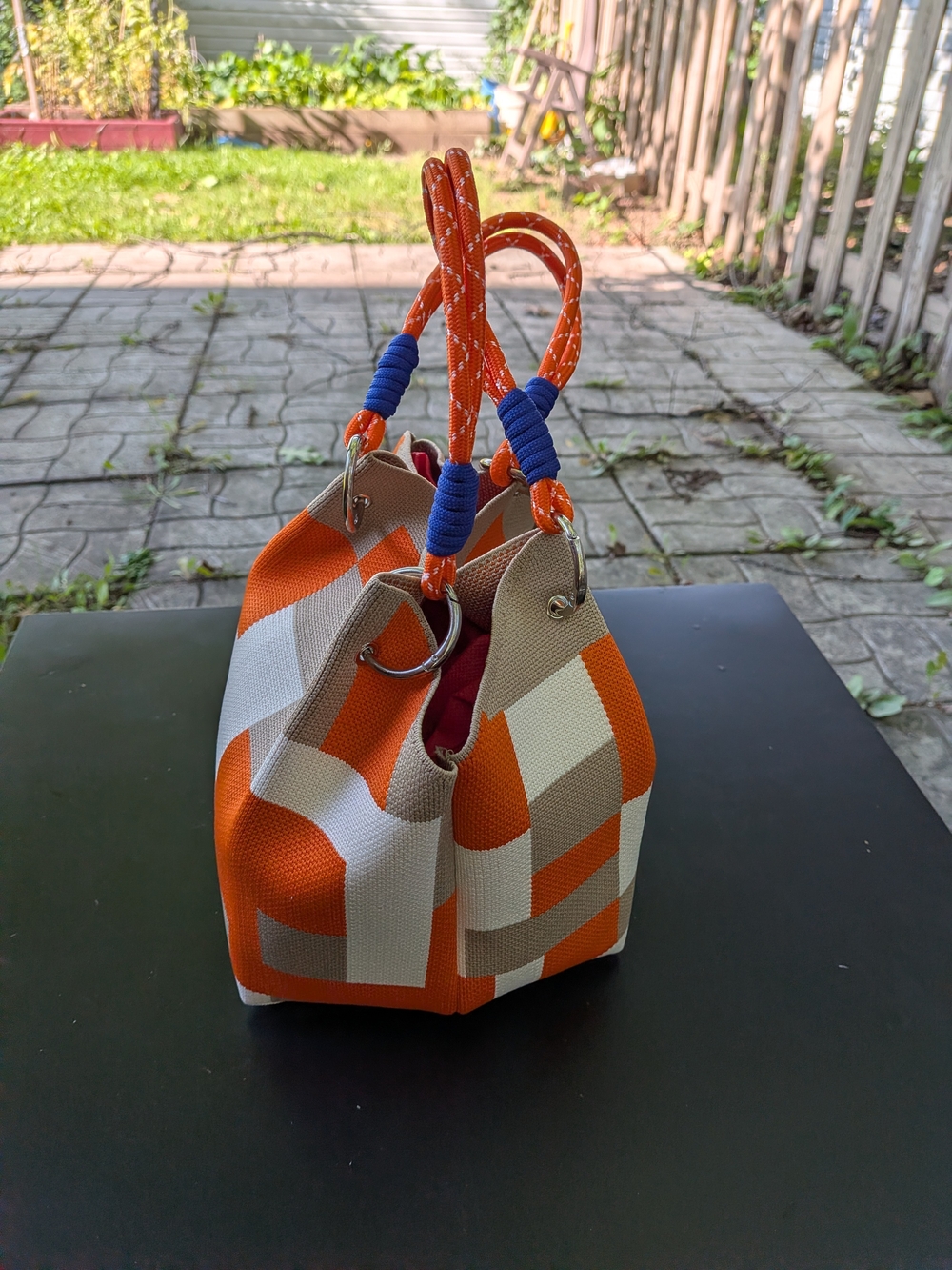 Orange Geometric Canvas Tote Bag with Rope Handles
